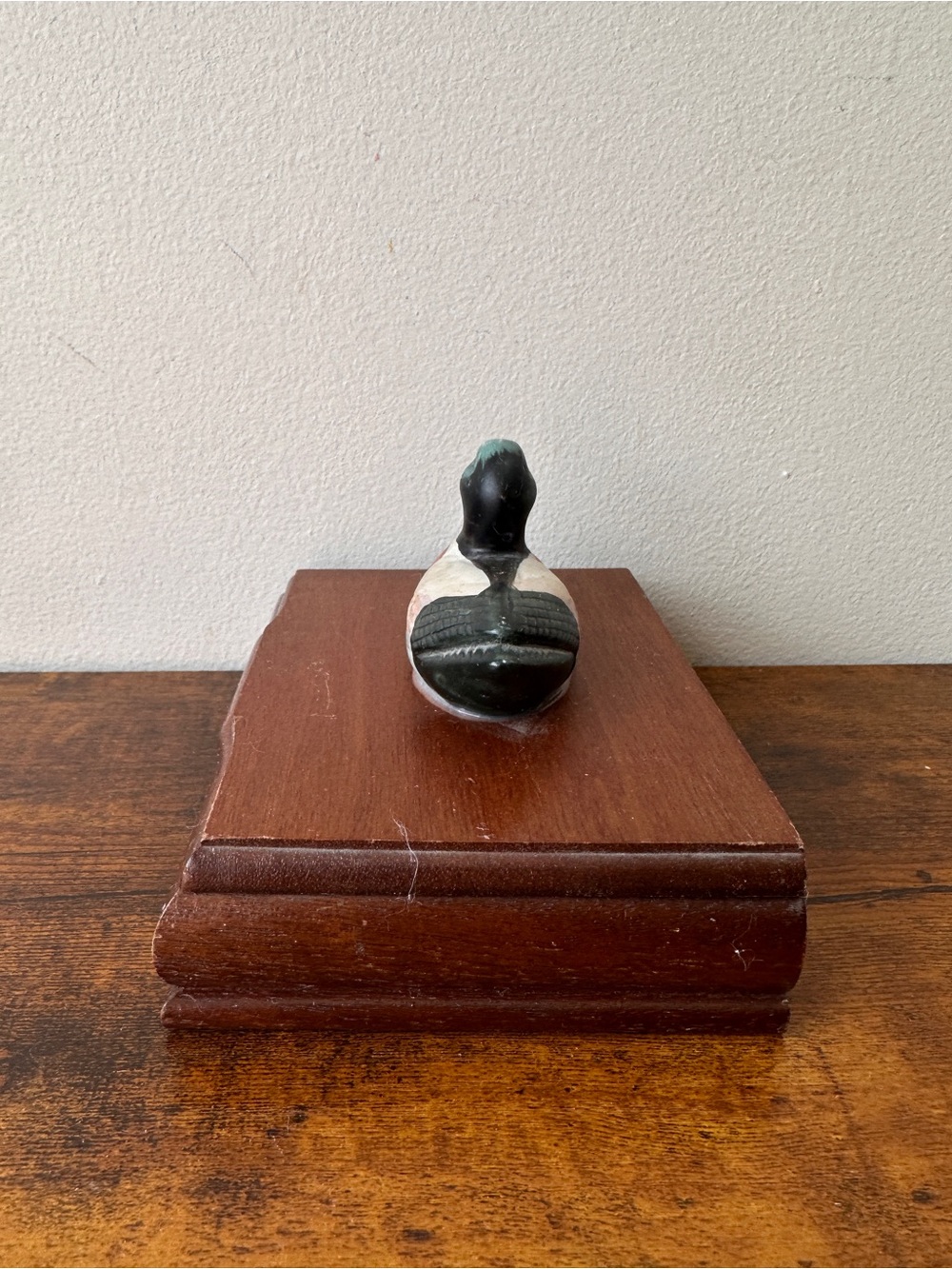 Hand-Painted Wooden Duck Figurine in Green, Black, Red and Cream - Picture 2 of 7